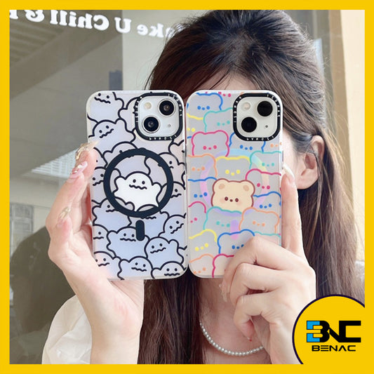 Phone Case Trendy Magnetic Cartoon Bear and Cute Ghost Pattern for iPhone 14 13 12 11 Pro Max X XR XS XS Max SE 2020