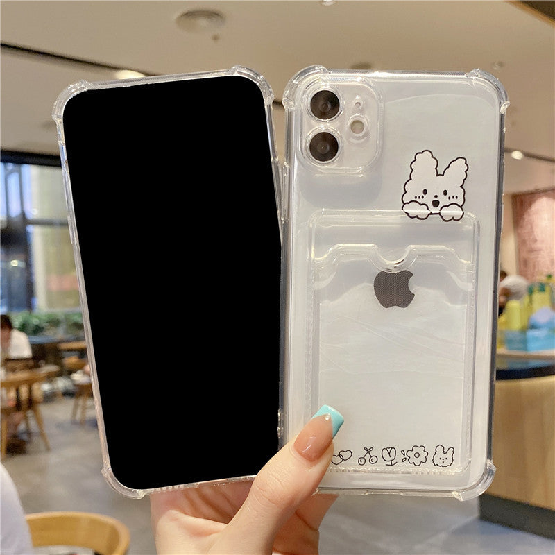 Softcase Transparent case with card holder and cute teddy bear design for iPhone X XR XS 11 12 13 14 Pro Max 14 Plus 7 8 Plus SE 2020